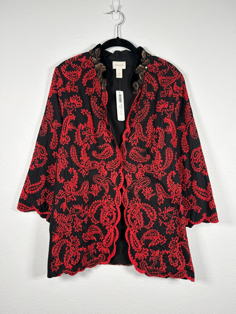 Women's Chico's Collectibles Red Embroidered Beaded Velvet Collar Jacket